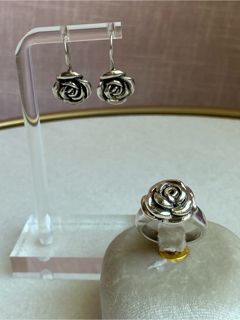 Vintage Sterling Silver Rose Ring and Earrings Set